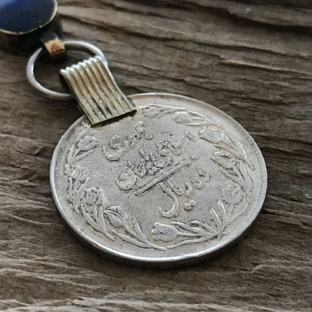 Rustic Lapis Lazuli Ethnic Coin Charm Necklace - 30 Inch Chain
